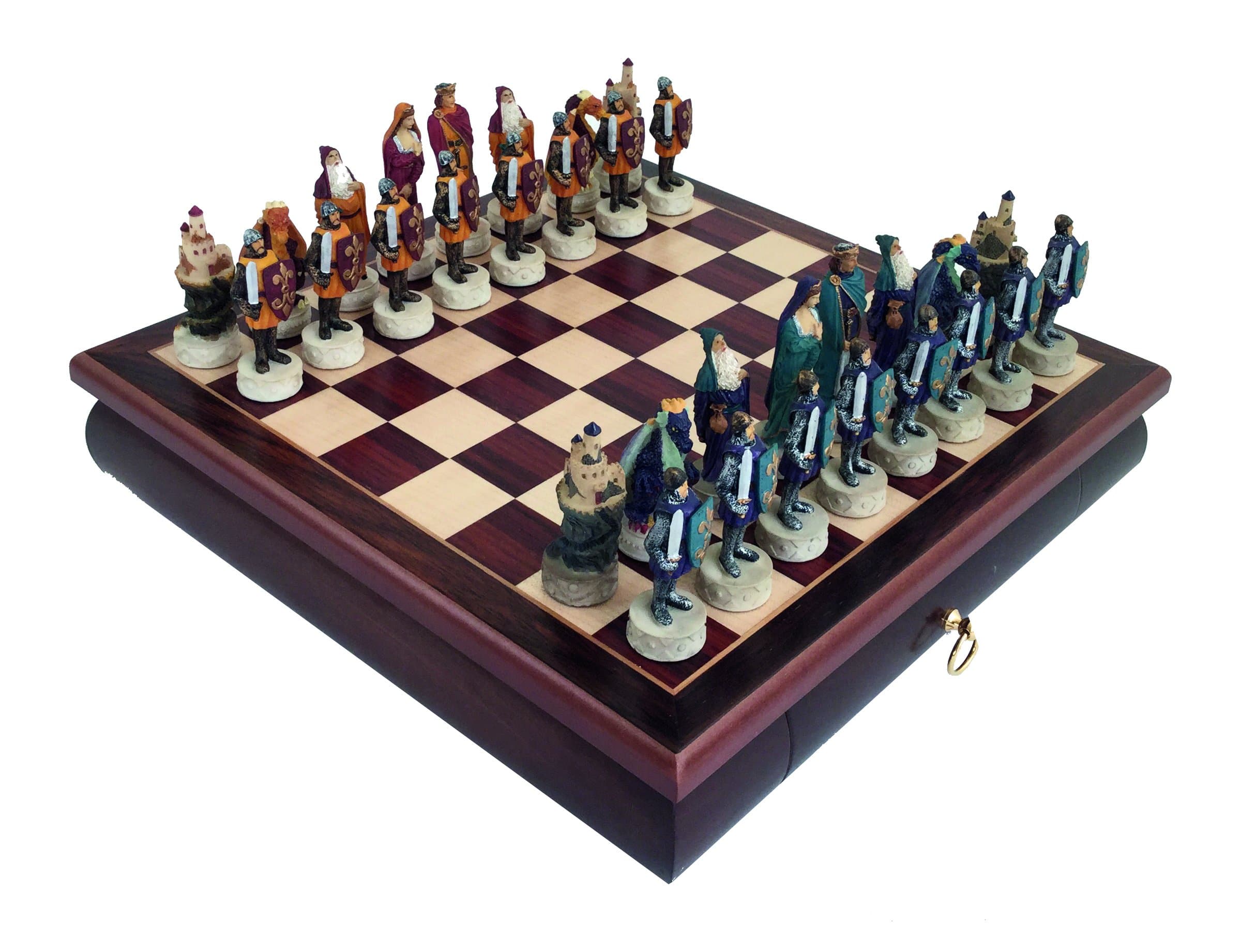 Medieval VII Schachset aus Rosenholz mit Aufbewahrungsschublade & handbemaltem Schachspiel aus Harz