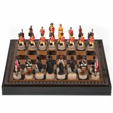 Set Schlacht von Waterloo III Kunstlederschachbrett mit Aufbewahrung & handbemaltem Schachspiel aus Harz