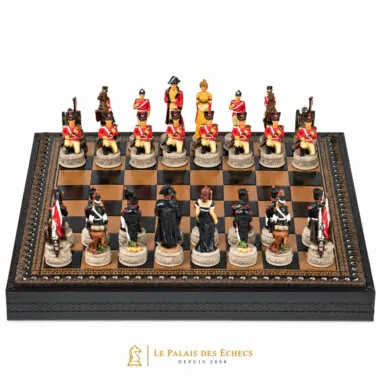Komplettes Schachset Schlacht von Waterloo III, Kunstleder-Schachbrett und bemalte Figuren, Gesamtansicht