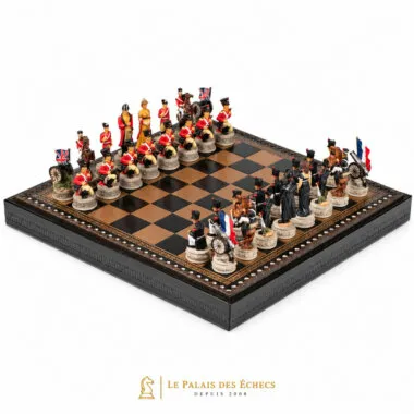 Schachspiel Schlacht von Waterloo III, englische und französische Figuren auf dem Schachbrett gegenüber