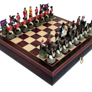 Schachset Schlacht von Waterloo II Schachbrett aus Rosenholz mit Aufbewahrungsschublade & Handbemaltem Schachspiel aus Harz