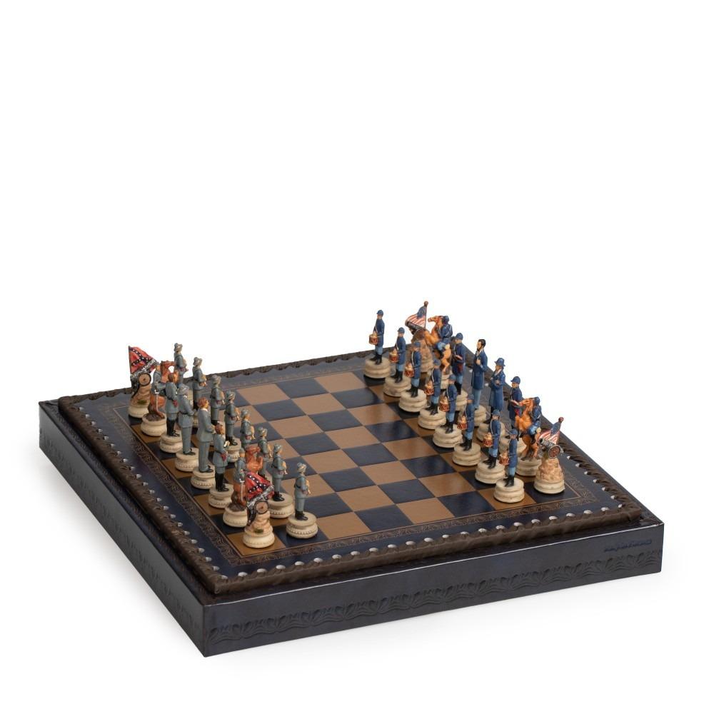Konföderiertenkrieg Schachbrettset aus Kunstleder & Handbemaltes Schachspiel aus Harz
