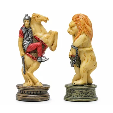 Gladiatoren-Figuren: römischer Reiter zu Pferd und angeketteter Löwe, Detailansicht