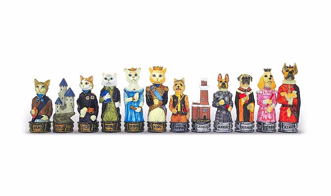 Hunde- und Katzen-Schachbrett aus Rosenholz mit Aufbewahrungsschublade & handbemaltem Schachspiel – Bild 2