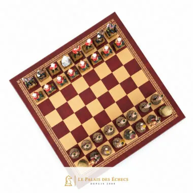 Rotes Kunstleder-Schachbrett und Anglo-Zulu-Kriegs-Schachfiguren, Diagonalansicht