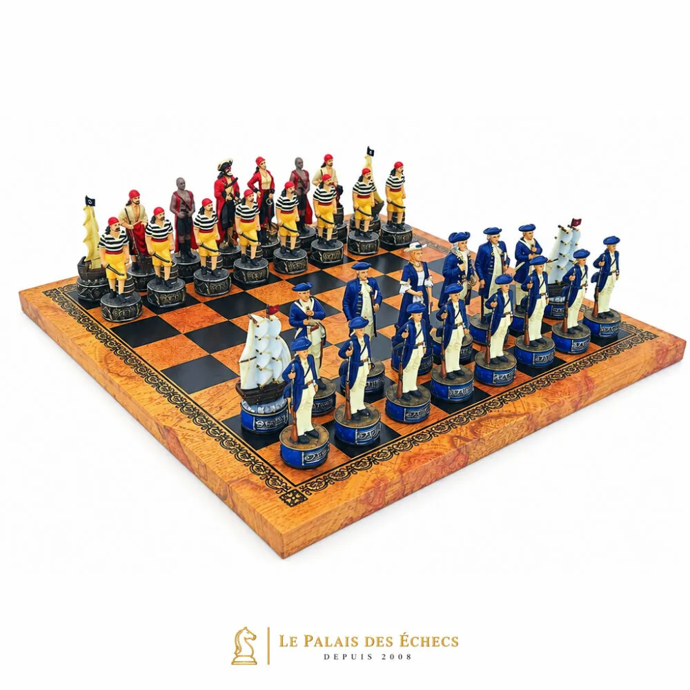 Set "Piraten" Schachbrett aus Kunstleder und Schachspiel aus Harz