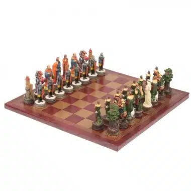 Set Robin Hood Kunstlederschachbrett & handbemaltes Schachspiel aus Harz