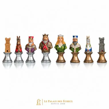Schachfiguren Büste Mittelalter V aufgereiht, Turm, Springer, König, Dame, Läufer und Turm