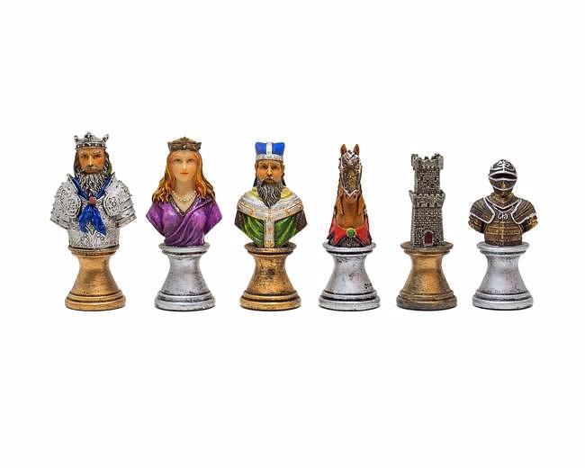 Set Mittelalterliche Büste Schachbrett aus Ahorn- und Walnussholz & Schachspiel Handbemalt aus Harz – Bild 4