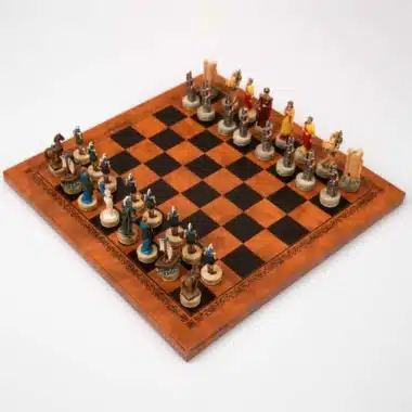 Set Trojanischer Krieg Schachbrett aus Kunstleder und handbemaltes Schachspiel aus Harz