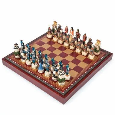 Samurai-Set: Schachbrett aus Kunstleder und bemalte Schachfiguren aus Harz, Gesamtansicht