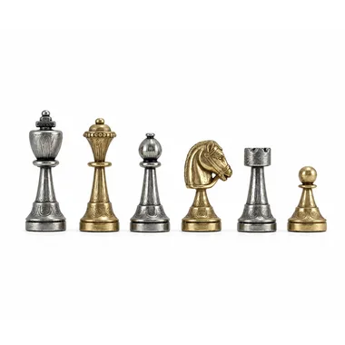 Schachspiel aus Metall Staunton, komplette Reihe goldener und silberner Figuren