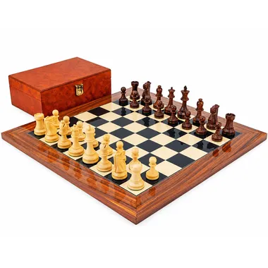 Supreme"-Set: Schachbrett aus Rosenholz, Schachspiel aus Rosen- und Buchsbaumholz & Aufbewahrungsbox aus Wurzelfurnier