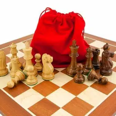 Jacob Knight"-Set Schachbrett aus Ahorn- und Mahagoniholz, Schachspiel aus vergoldetem Rosenholz und Buchsbaumholz & Aufbewahrungsbeutel