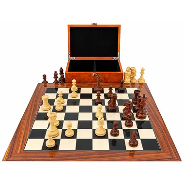 Supreme"-Set: Schachbrett aus Rosenholz, Schachspiel aus Rosen- und Buchsbaumholz & Aufbewahrungsbox aus Wurzelfurnier