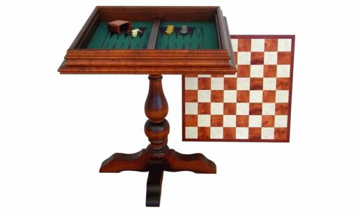 Set "Staunton XL" Schachbretttisch aus Heidekrautwurzel und Schachspiele aus Holz und massivem Messing