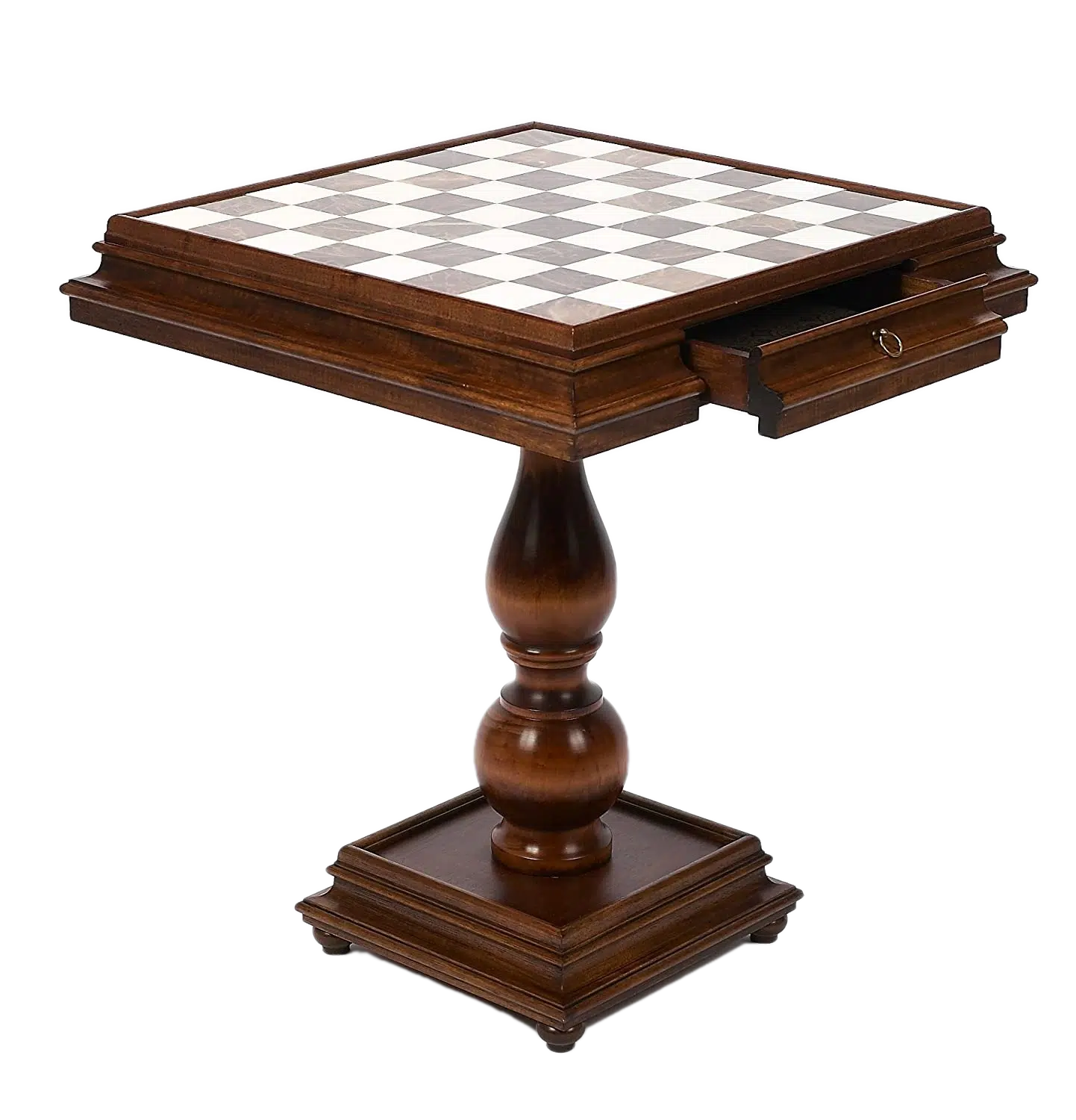 Luxustisch mit Schachbrett und Aufbewahrungsschublade aus Buchenholz und Spielbrett aus Carrara-Marmor und toskanischem Alabaster