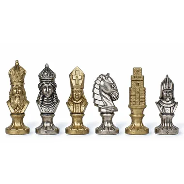 Moncada-Schachfiguren: König, Läufer, Springer und Turm aus silbernem und goldenem Metall