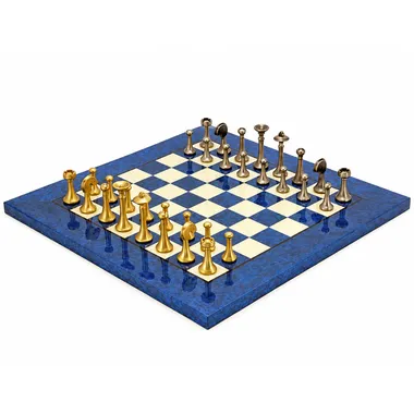 Komplettes Schachspiel mit blauem Ahorn-Schachbrett und massiven Messingfiguren
