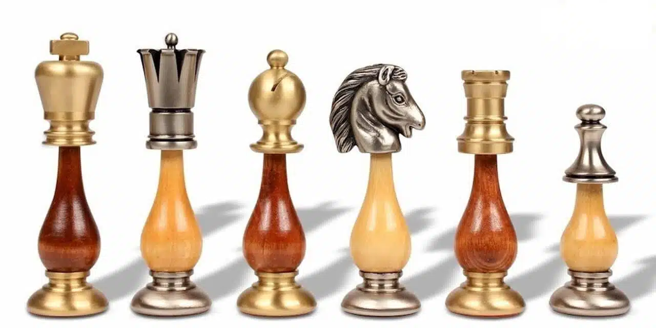 Orientalisches Ulmenholz-Schachbrett mit Fuß und Aufbewahrungsschublade & Schachspiel aus massivem Holz und Messing – Bild 10