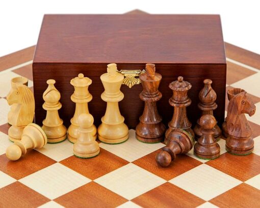 Grand Championship"-Set Schachbrett aus Ahorn- und Mahagoniholz, Schachspiel aus Rosenholz & Aufbewahrungsbox aus Birkenholz