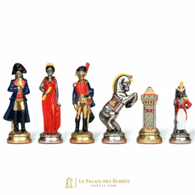 Schachfiguren Napoleon Waterloo aus bemaltem Metall, Dame, Soldat, Springer und Turm