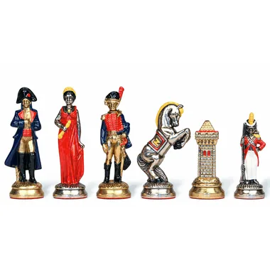 Schachfiguren Napoleon Waterloo aus bemaltem Metall, Dame, Soldat, Springer und Turm
