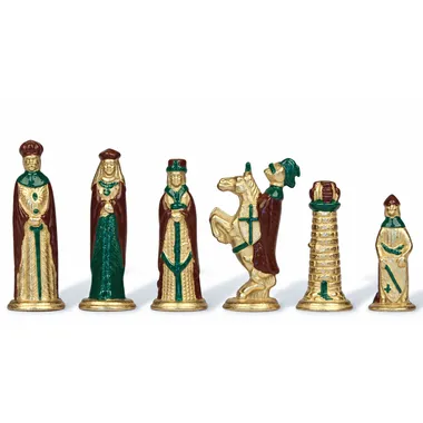 Mittelalterliche Schachfiguren im Profil, Dame, König, Springer und Turm