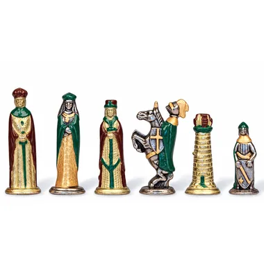 Mittelalterliche Schachfiguren aus bemaltem Metall, Dame, König, Springer und Turm