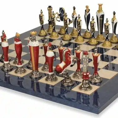 Hochwertiges Renaissance-Set Blau lackiertes Ahornholzschachbrett & handbemaltes Metallschachspiel