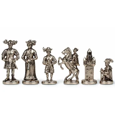 Figuren aus versilbertem Metall Lanzichenecchi, Dame, Läufer, Springer und Turm