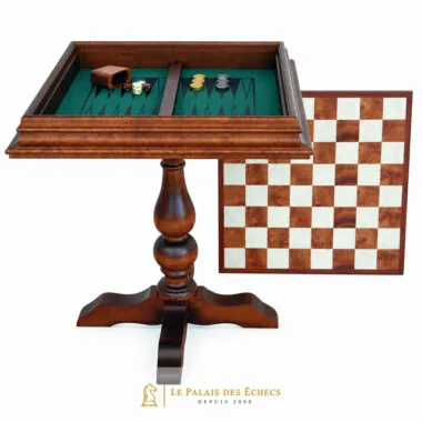 Tisch "Zwei in Einem" Schachbrett, Schachspiel und Backgammon aus Wurzelholz von Bruyère