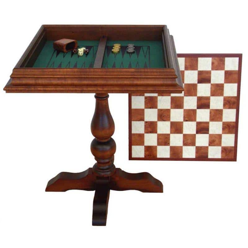 Tisch "Zwei in Einem" Schachbrett, Schachspiel und Backgammon aus Wurzelholz von Bruyère