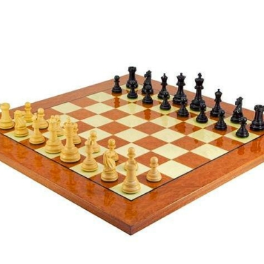 Luxus-Schachset Cheltenham Schachbrett aus Ulmenholz und Ahornwurzel lackiert & Schachspiel aus Ebenholz