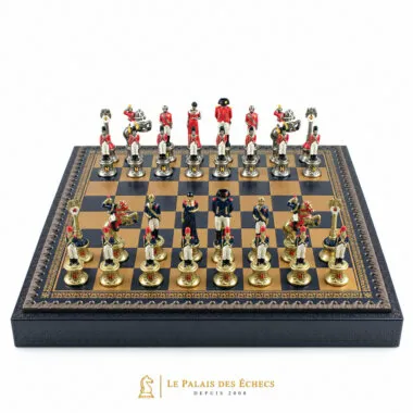 Napoléon-III-Set mit Schachbrett aus Kunstleder und bemalten Metallfiguren