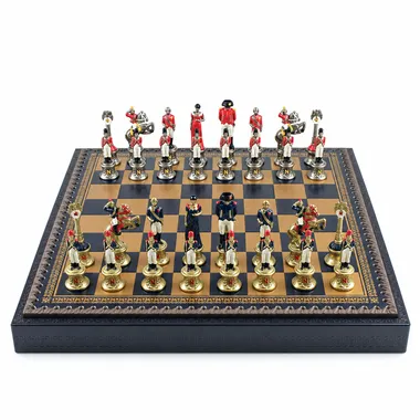 Napoléon-III-Set mit Schachbrett aus Kunstleder und bemalten Metallfiguren