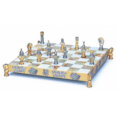 Poker Set I Schachbrett und Schachspiel aus Bronze, Onyx und 24 Karat Gold