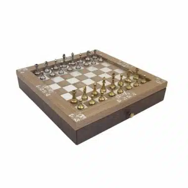 Arabesque Set Holzschachbrett mit Aufbewahrungsschublade und Metallschachspiel Staunton