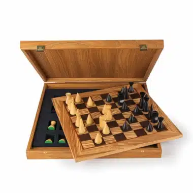 Moderne Schachspiel aus Rosenholz und Schachbrett aus Olivenwurzel mit Aufbewahrung