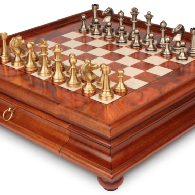 Schachspiel Grand Staunton - Schachbrett aus Wurzelholz und Ulmenholz mit Schublade & massiven Messingfiguren
