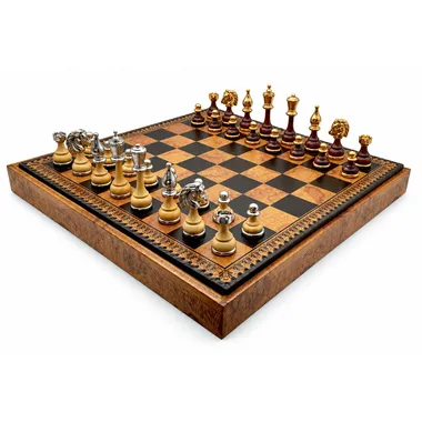Flowered Schachspiel - Schachbrett - Backgammon und Damespiel aus Kunstleder mit Aufbewahrung & Holz- und Metallteilen