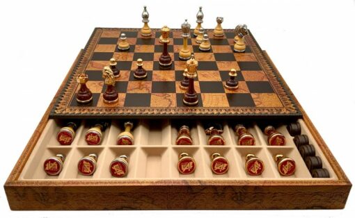 Flowered Chess Set - Schachbrett - Backgammon und Damespiel aus Kunstleder mit Aufbewahrung & Holz- und Metallteilen