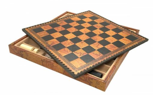 Flowered Chess Set - Schachbrett - Backgammon und Damespiel aus Kunstleder mit Aufbewahrung & Holz- und Metallteilen