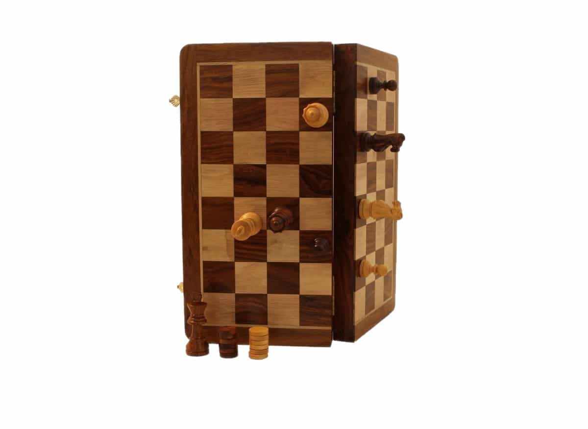 Magnetisches Reise-Schach- und Dame-Spiel - Schachbrett aus Holz & Schach- und Damefiguren aus Holz – Bild 2