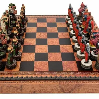 Robin Hood Schachspiel - Schachbrett - Backgammon und Damespiel aus Kunstleder mit Aufbewahrung & Harzteilen