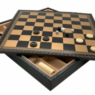 Klassisches Schachspiel - Schachbrett - Backgammon und Damespiel aus Kunstleder & Schachfiguren aus Holz