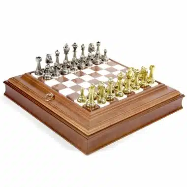Staunton Schachspiel - Schachbrett aus Holz und Alabaster mit integrierter Aufbewahrung & Metallteilen