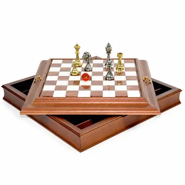 Staunton Schachspiel - Schachbrett aus Holz und Alabaster mit integrierter Aufbewahrung & Metallteilen