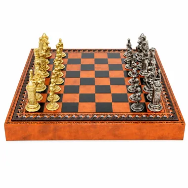 Camelot Schachspiel - Schachbrett und Damespiel aus Kunstleder mit Aufbewahrung & Metallteilen
