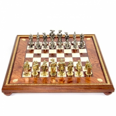 Schachspiel Lansquenet - Schachbrett aus Wurzelholz und Ulmenholz & Figuren aus Metall